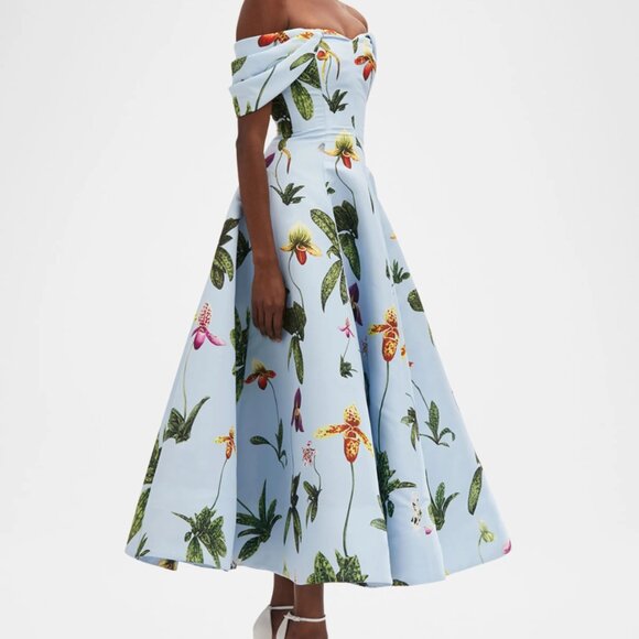 Oscar de la Renta Off-The-Shoulder Orchids Faille Gown - Picture 2 of 7